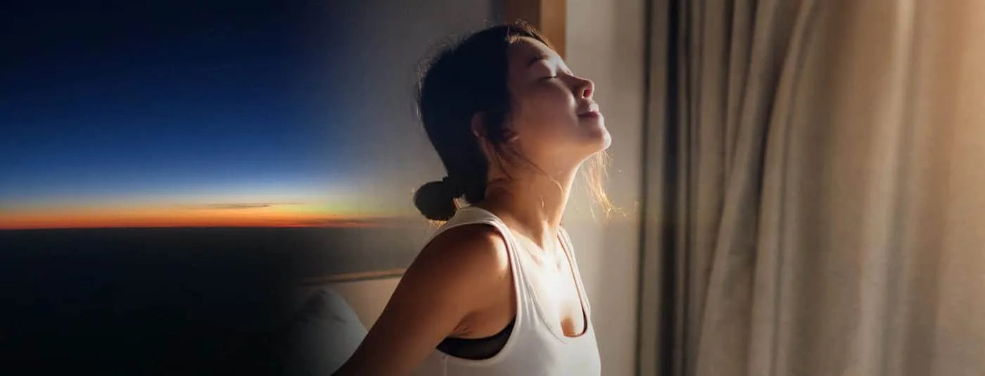 A person waking from sleeping peacefully, illustrating the potential benefits of CBN or CBD + melatonin for sleep support.