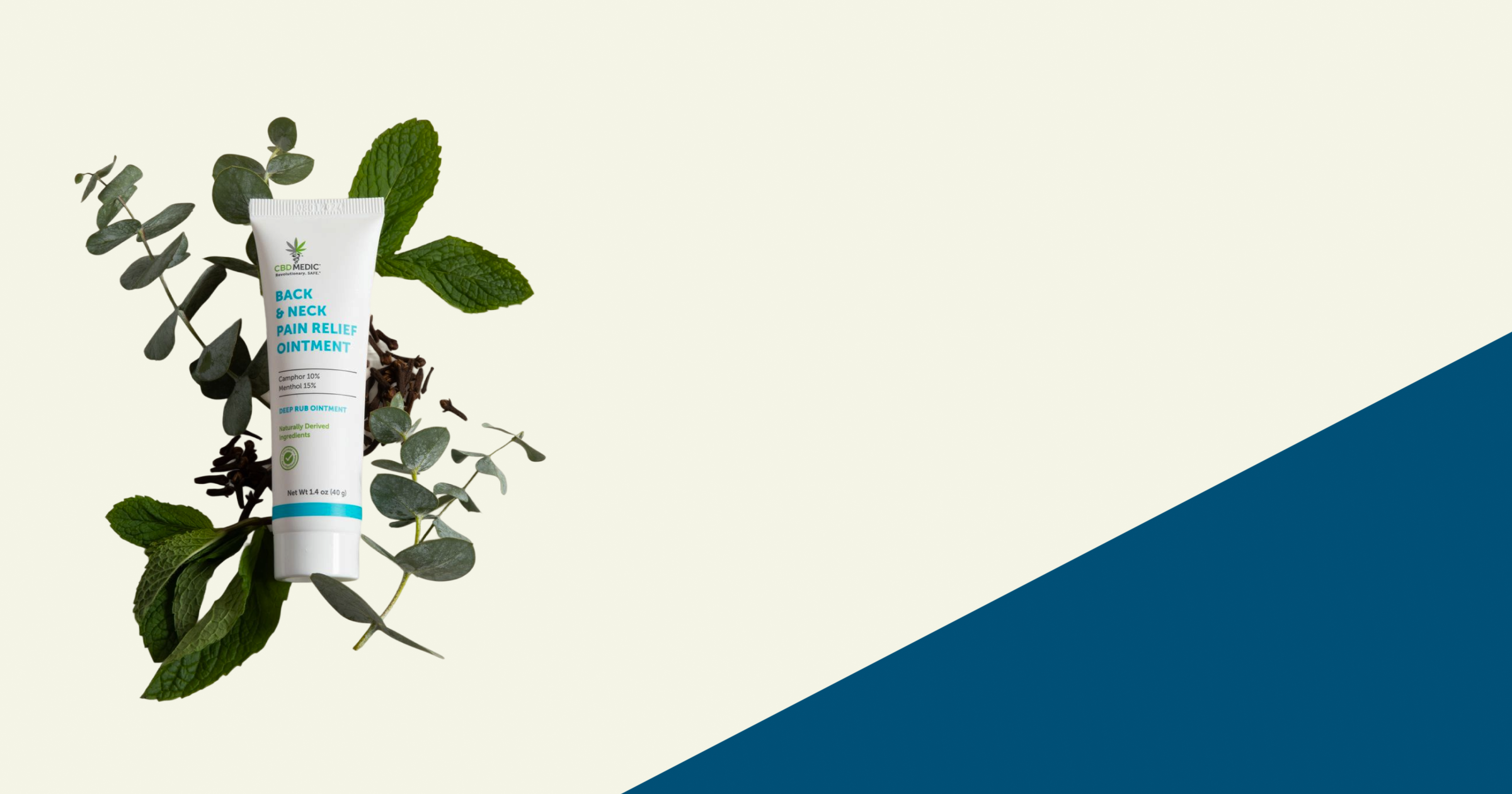 Tube of back & neck product with green leaves on a beige background