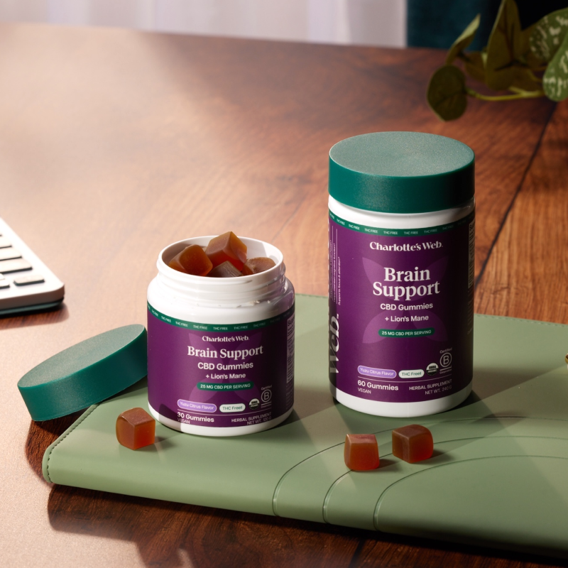 Two Brain Support CBD Gummies on a desktop