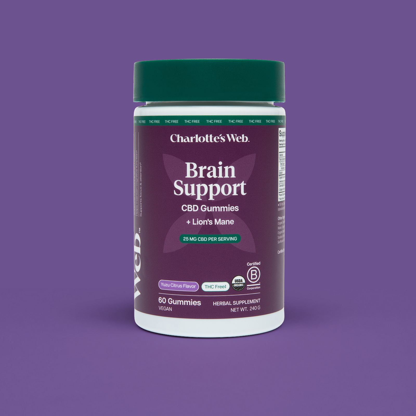 Product Image for Container labeled 'Brain Support' on a purple background