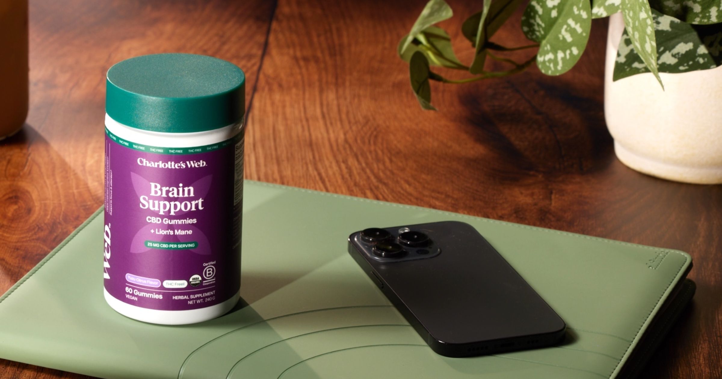 Container labeled 'Brain Support' on a desk with a note book and phone.