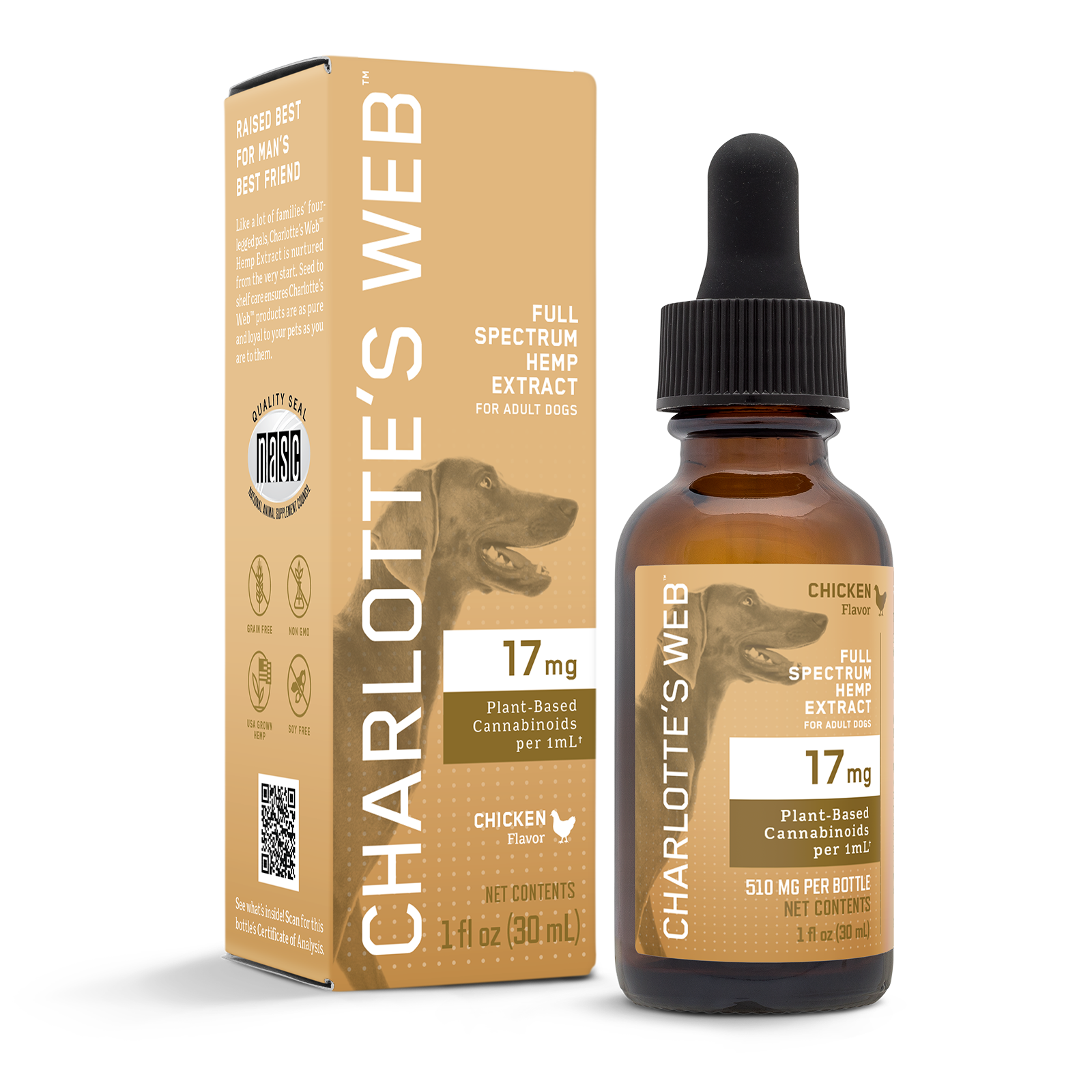Product Image for Charlotte's Web full spectrum hemp extract bottle and packaging on a white background