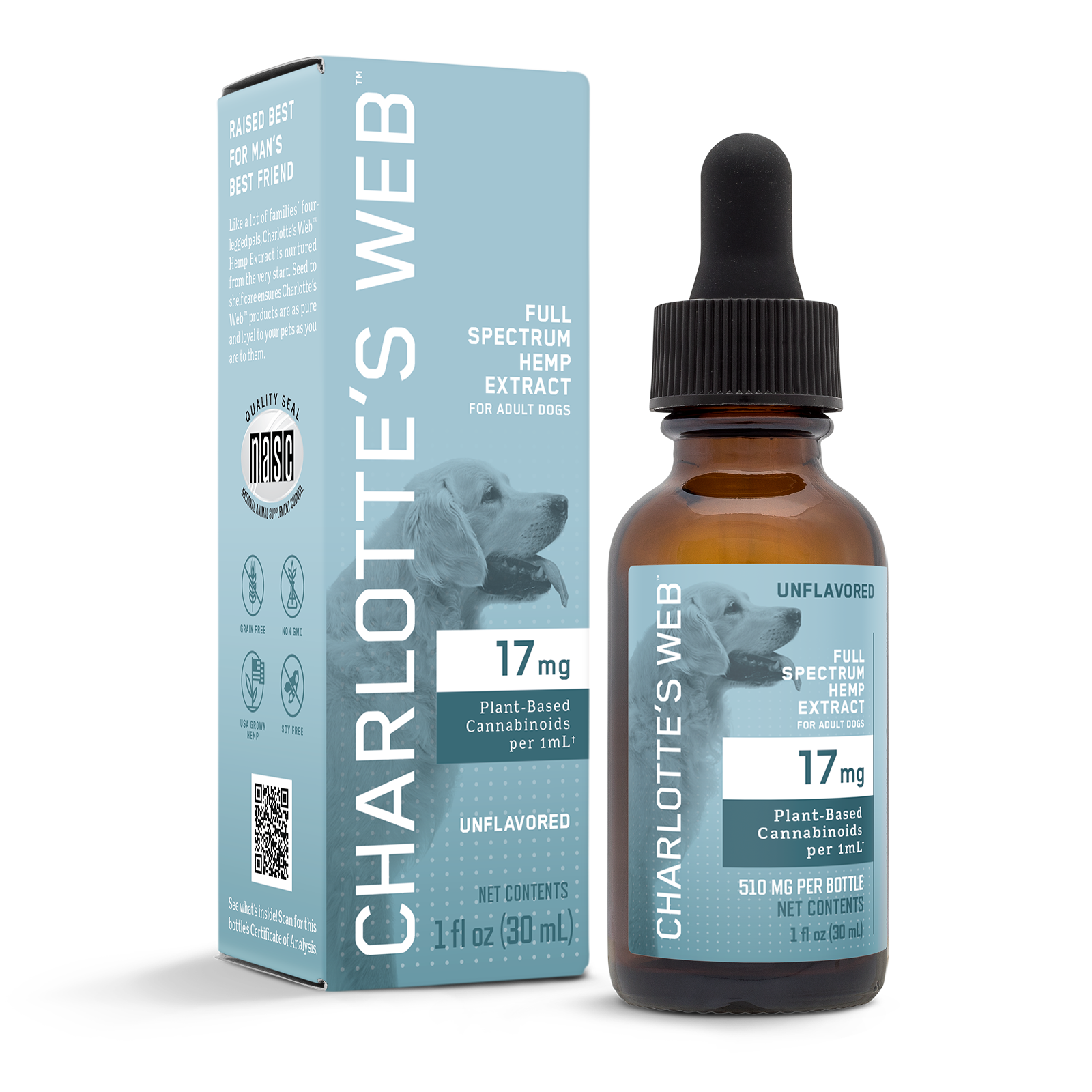 Product Image for Charlotte's Web full spectrum hemp extract bottle and packaging on a white background