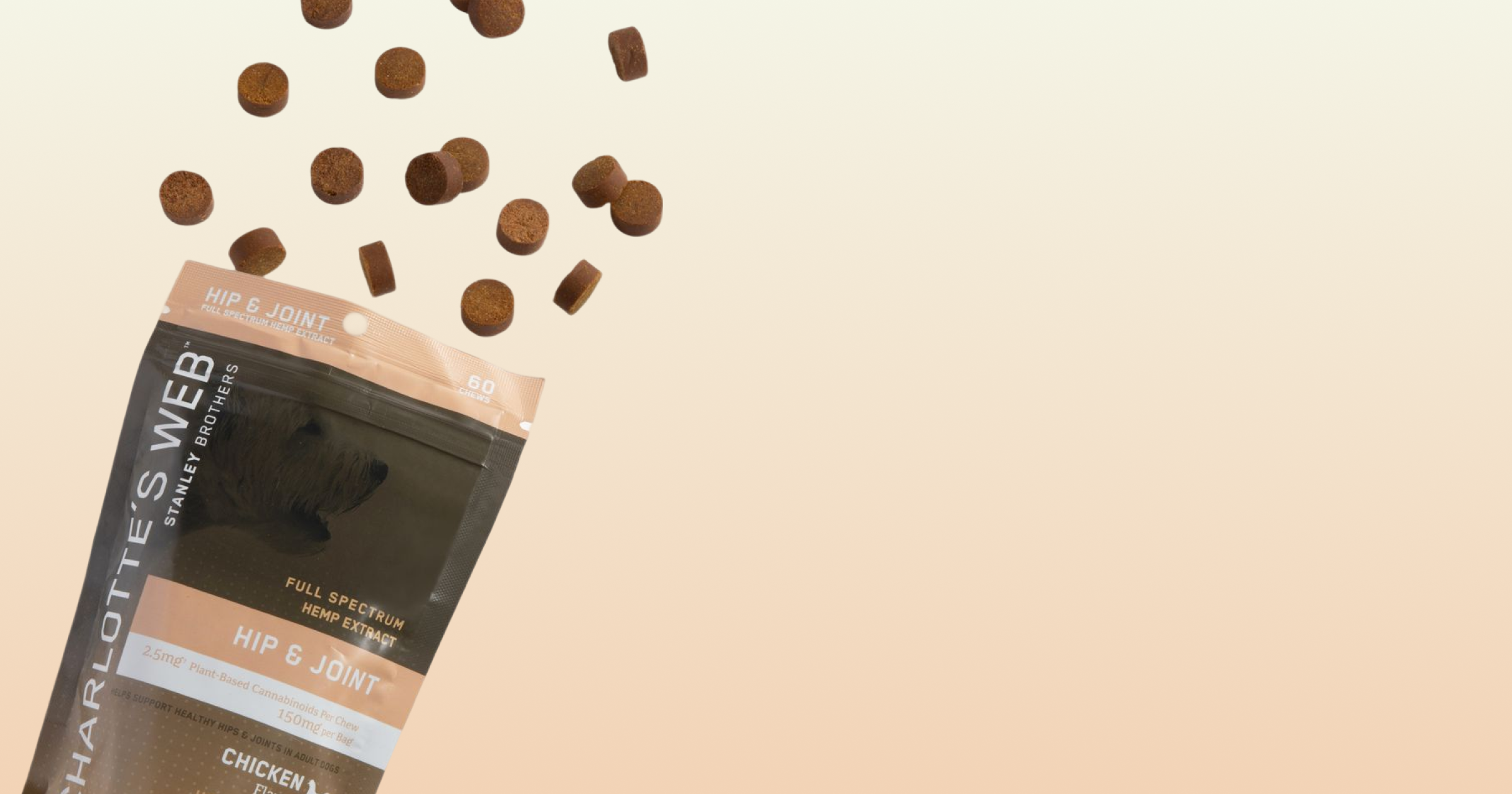 Bag of Charlotte's Web pet supplement with scattered chews on a beige background