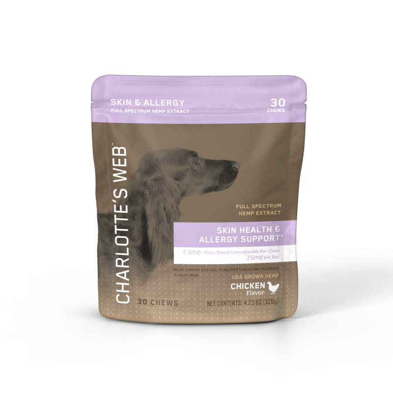 Product Image for Charlotte's Web pet chew package for skin health and allergy support on a white background