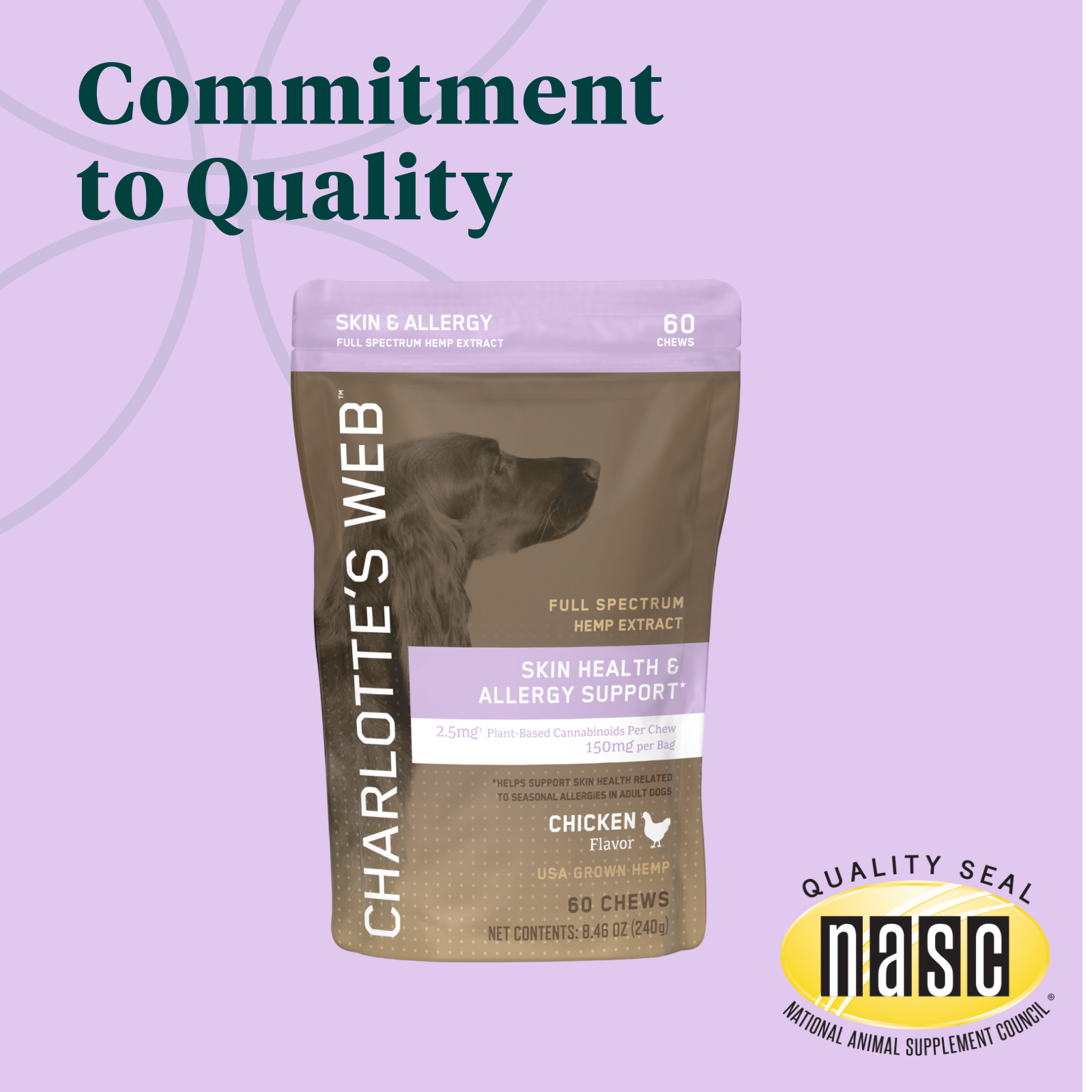 Product Image for Bag of Charlotte's Web pet chews with a purple background and NASC logo.