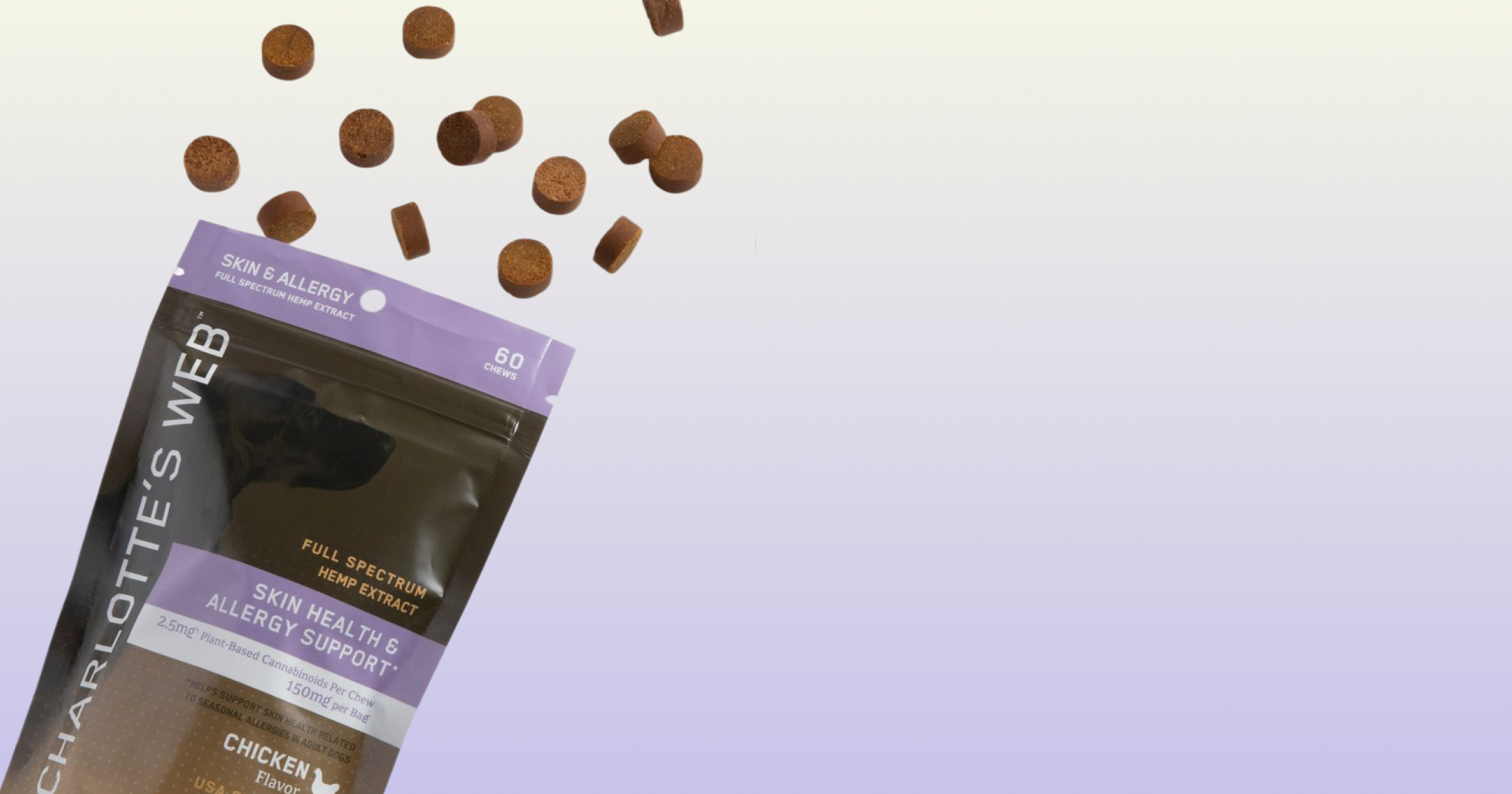Bag of Charlotte's Web pet chews with chews falling out on a light purple background