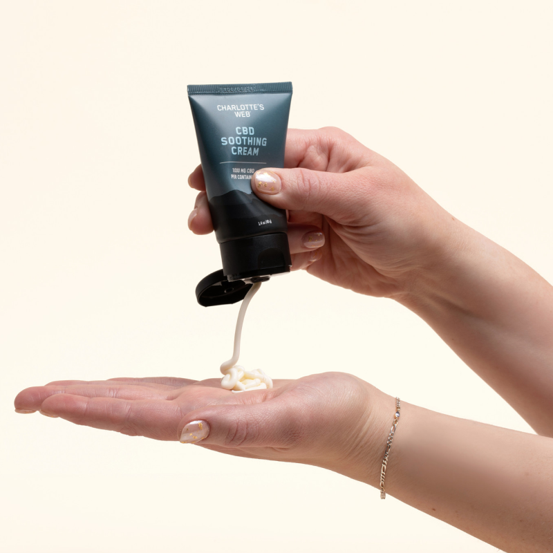Hand holding a tube of Charlotte's Web CBD Soothing Cream with cream being squeezed onto the palm.