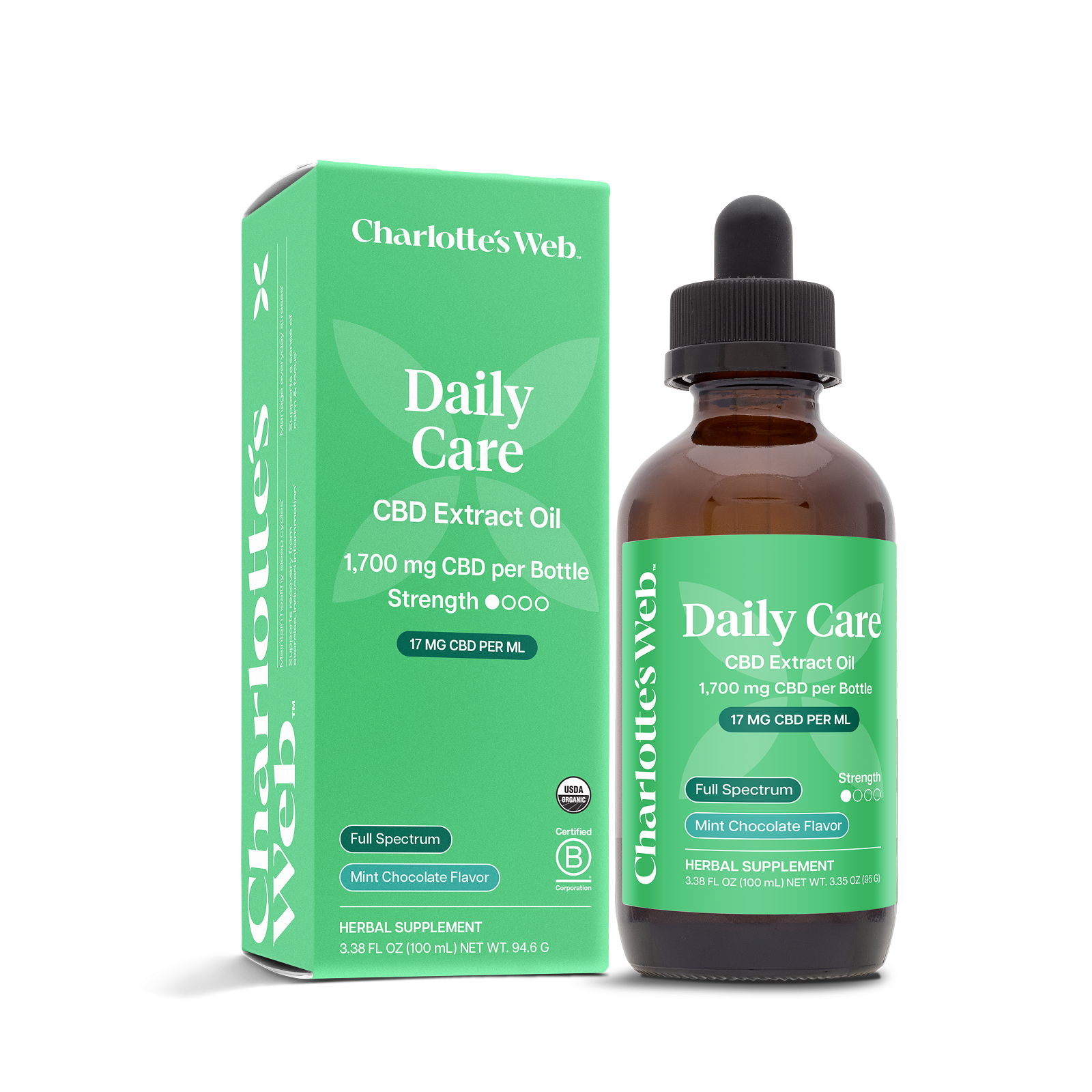 Charlotte's Web Daily Care CBD Extract Oil bottle and packaging on a white background
