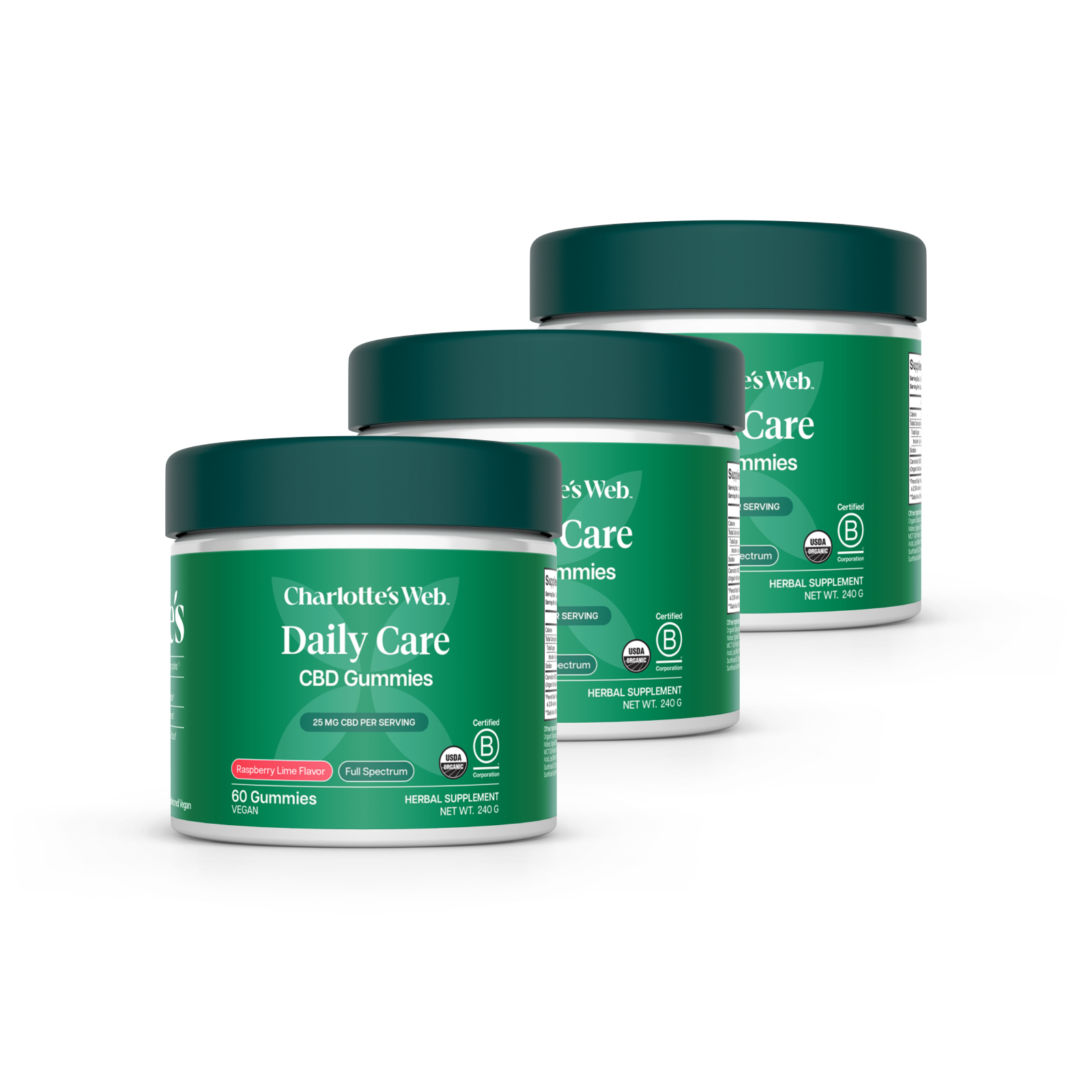 Product Image for Three jars of Charlotte's Web Daily Care CBD Gummies on a white background