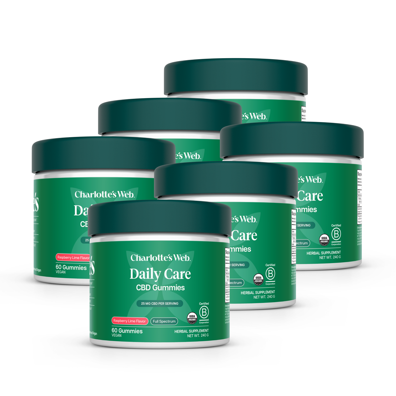 Product Image for Six jars of Charlotte's Web Daily Care CBD Gummies on a white background