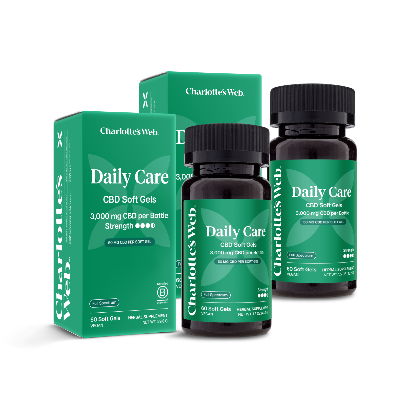 Product Image for Charlotte's Web Daily Care CBD Soft Gels packaging on a white background