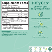 Product Image for Supplement facts label for CBD soft gels on a green background with additional text about daily care benefits.
