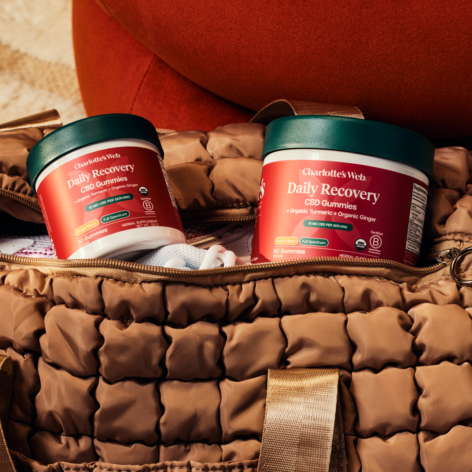 Product Image for Two containers of Charlotte's Web Daily Recovery CBD Gummies in an open brown bag.