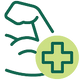 Icon of a hand holding a green cross, symbolizing healthcare or first aid.