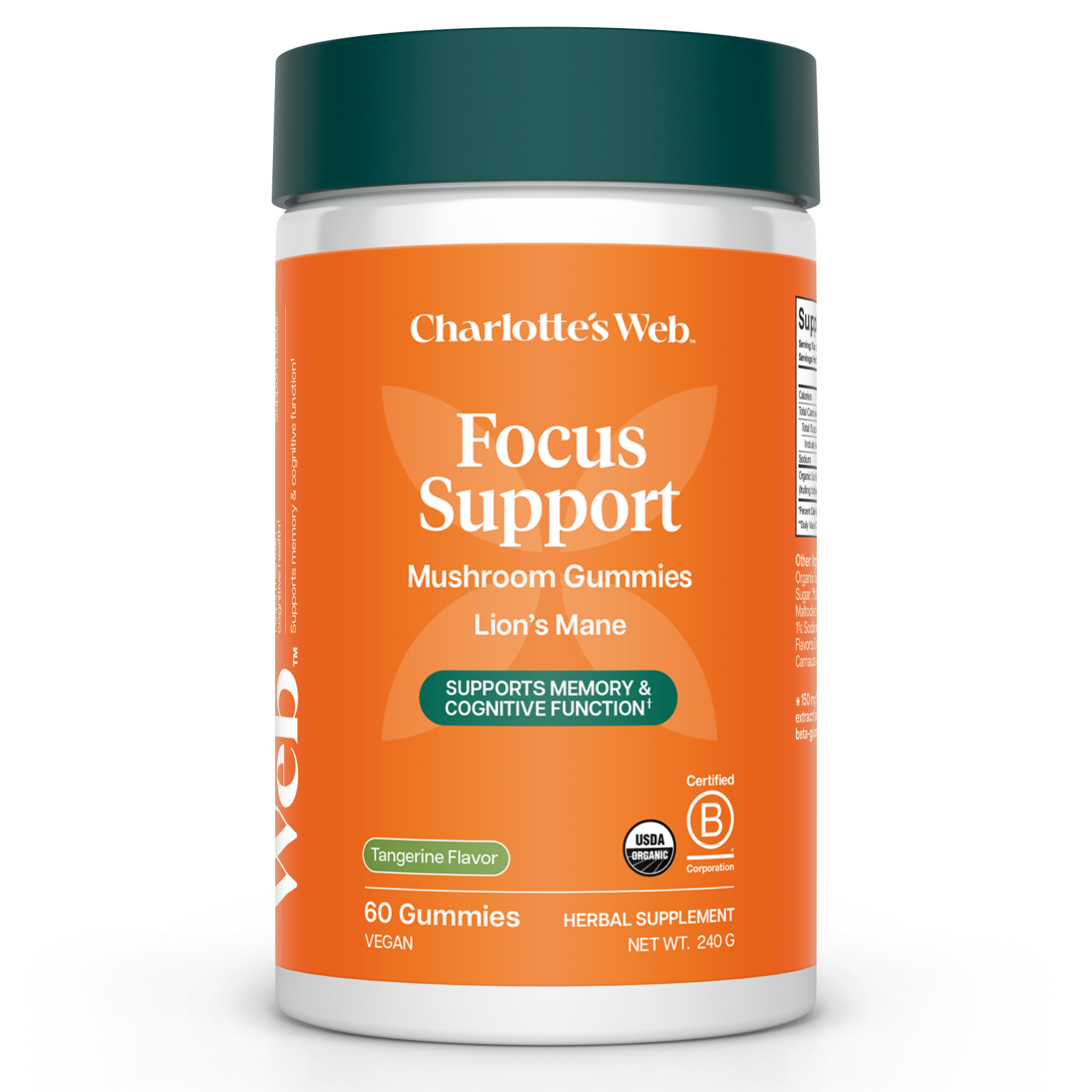Orange supplement container labeled 'Focus Support' by Charlotte's Web on a white background