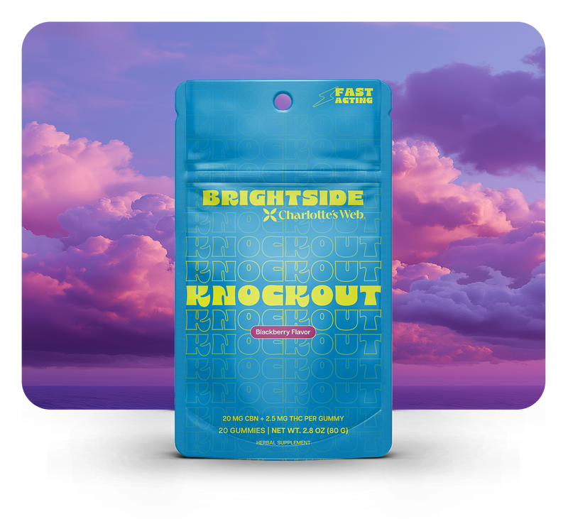 Charlotte's Web Brightside Knockout gummies in blue packaging on a pink sky background