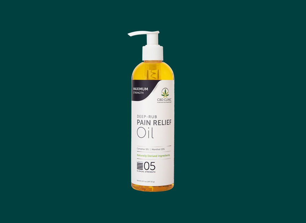 Bottle of deep-rub pain relief oil on a white background
