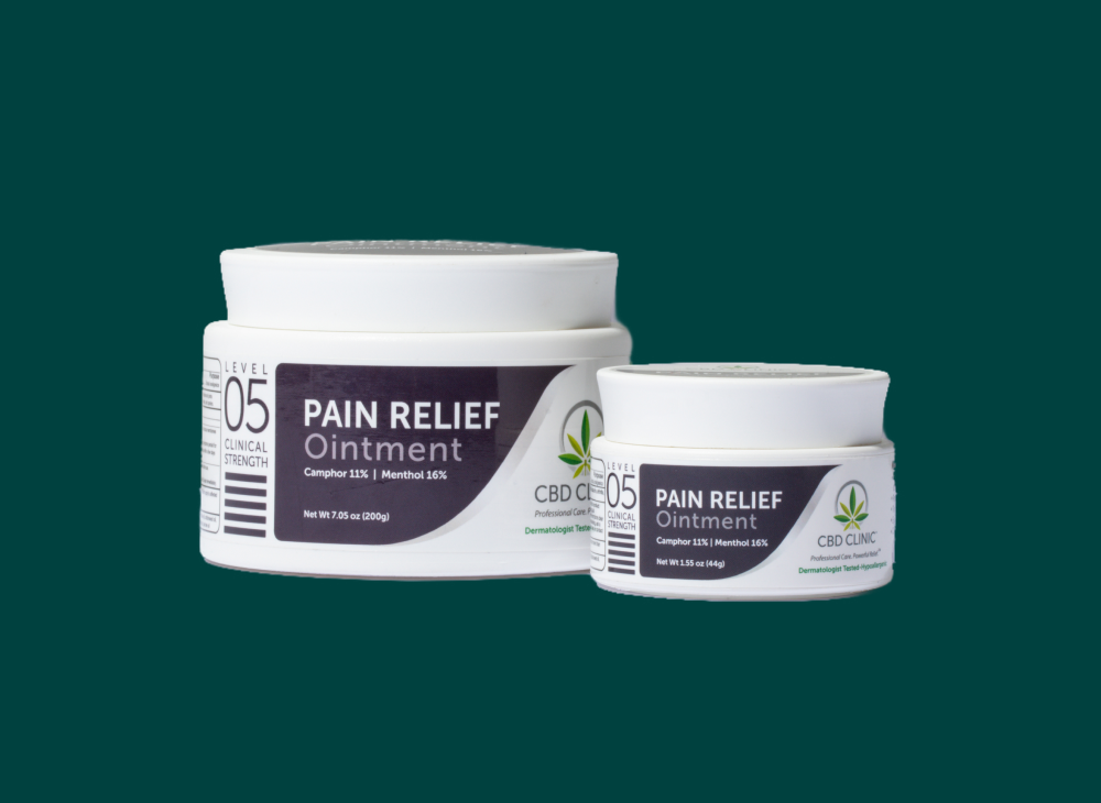 Two jars of Pain Relief Ointment with a green background