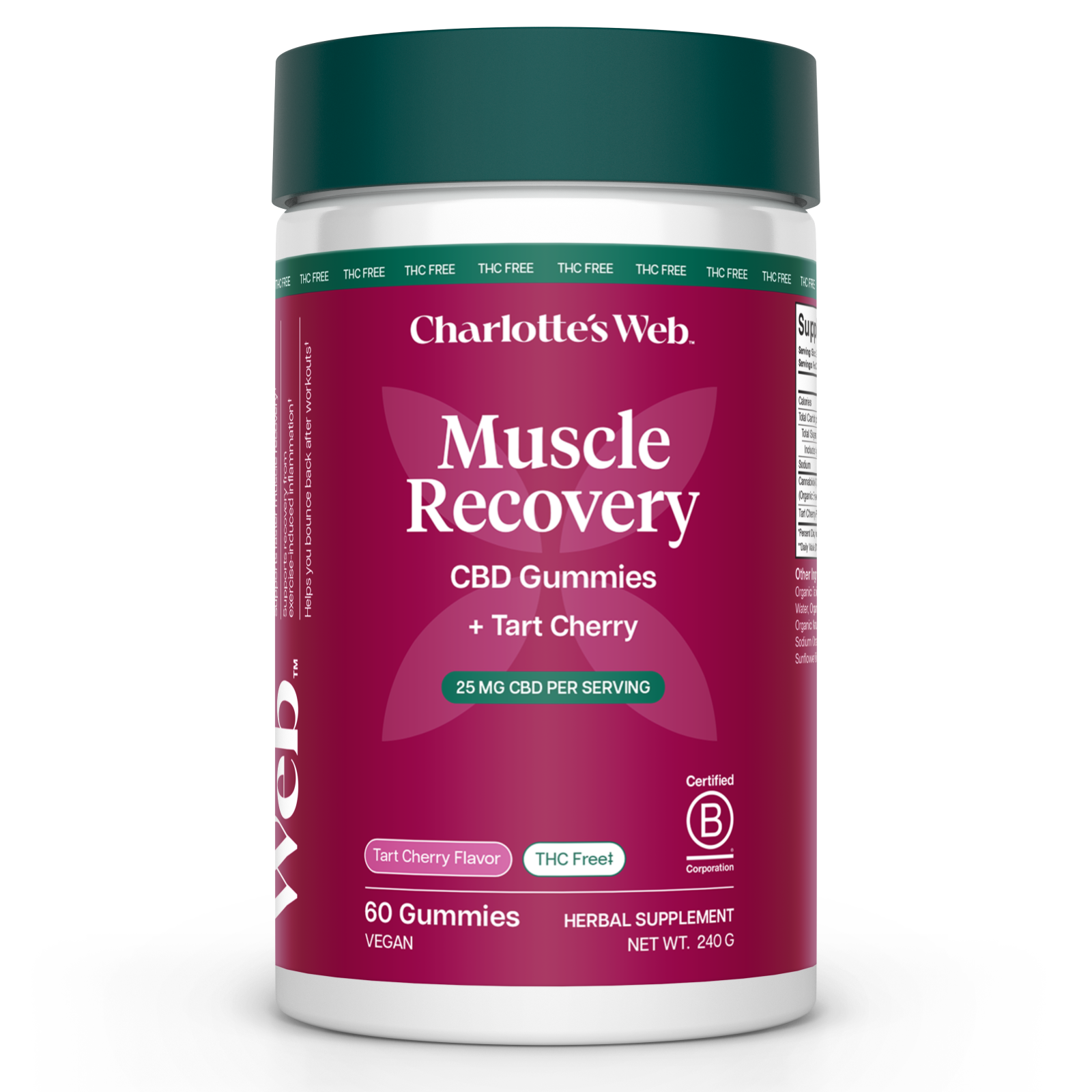 Jar of Charlotte's Web 60ct Muscle Recovery CBD Gummies with a white background