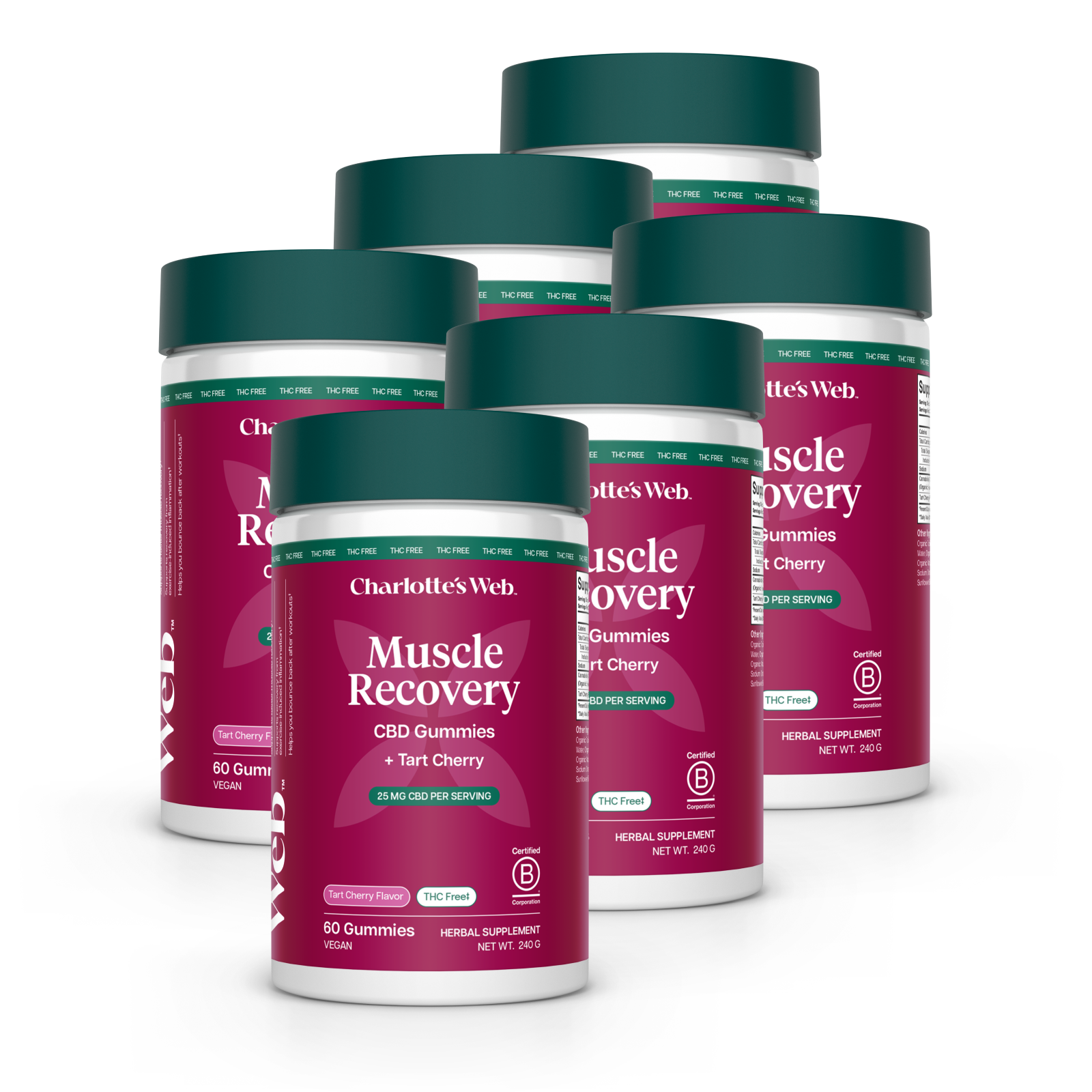 Product Image for Multiple containers of Charlotte's Web Muscle Recovery CBD Gummies on a white background