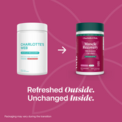 Product Image for Two supplement containers of Muscle Recovery on a pink background that says 'Refreshed Outside. Unchanged Inside.'