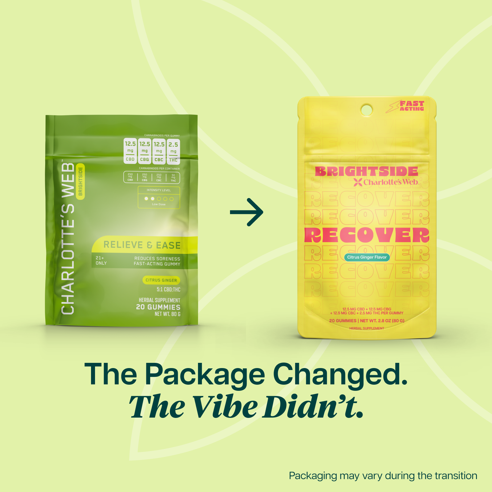 Product Image for Two packages from Charlotte's Web on a light green background with text 'The Package Changed. The Vibe Didn't.'