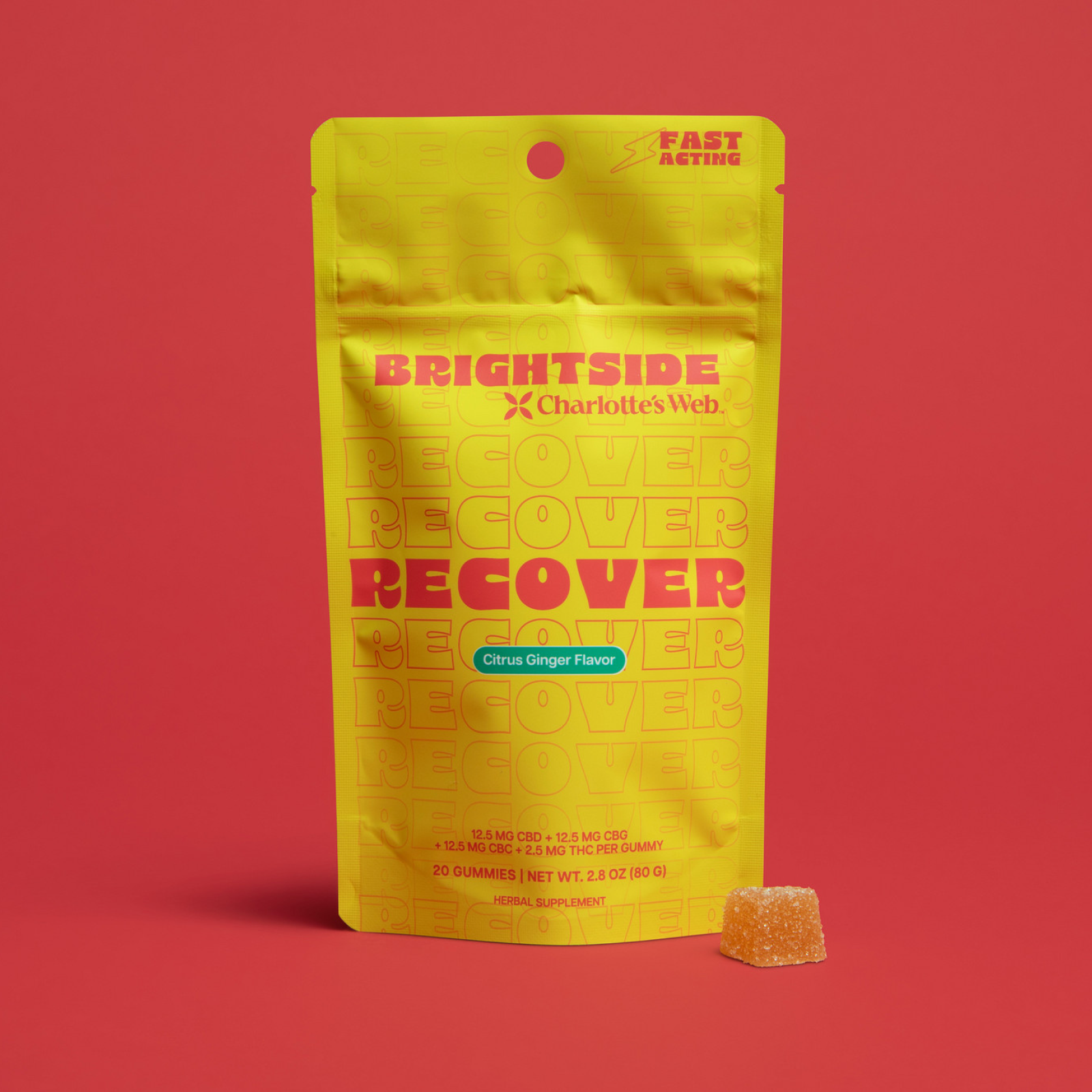 Product Image for Yellow package of Brightside Recover by Charlotte's Web on a red background