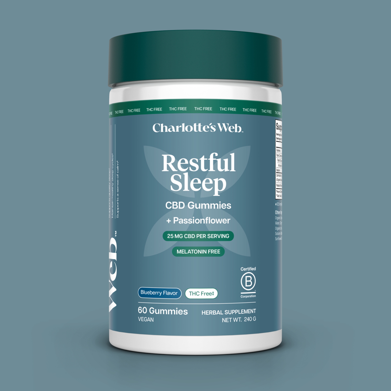 Product Image for Charlotte's Web Restful Sleep CBD Gummies container on a blue background