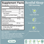Product Image for Supplement facts label for Restful Sleep CBD Gummies with green and white design elements.