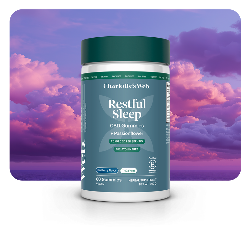 Charlotte's Web Restful Sleep CBD Gummies container with a purple and pink cloud background