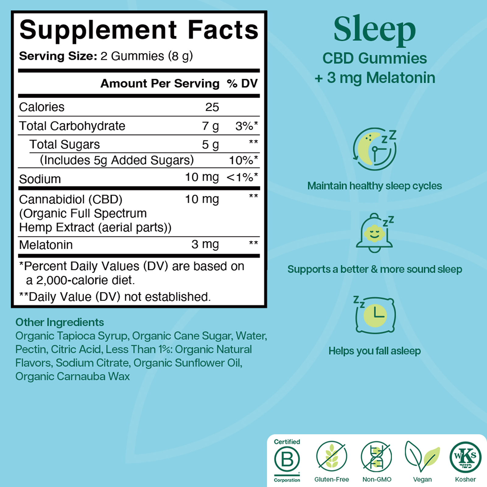 Product Image for Supplement facts label for CBD gummies with melatonin on a blue background