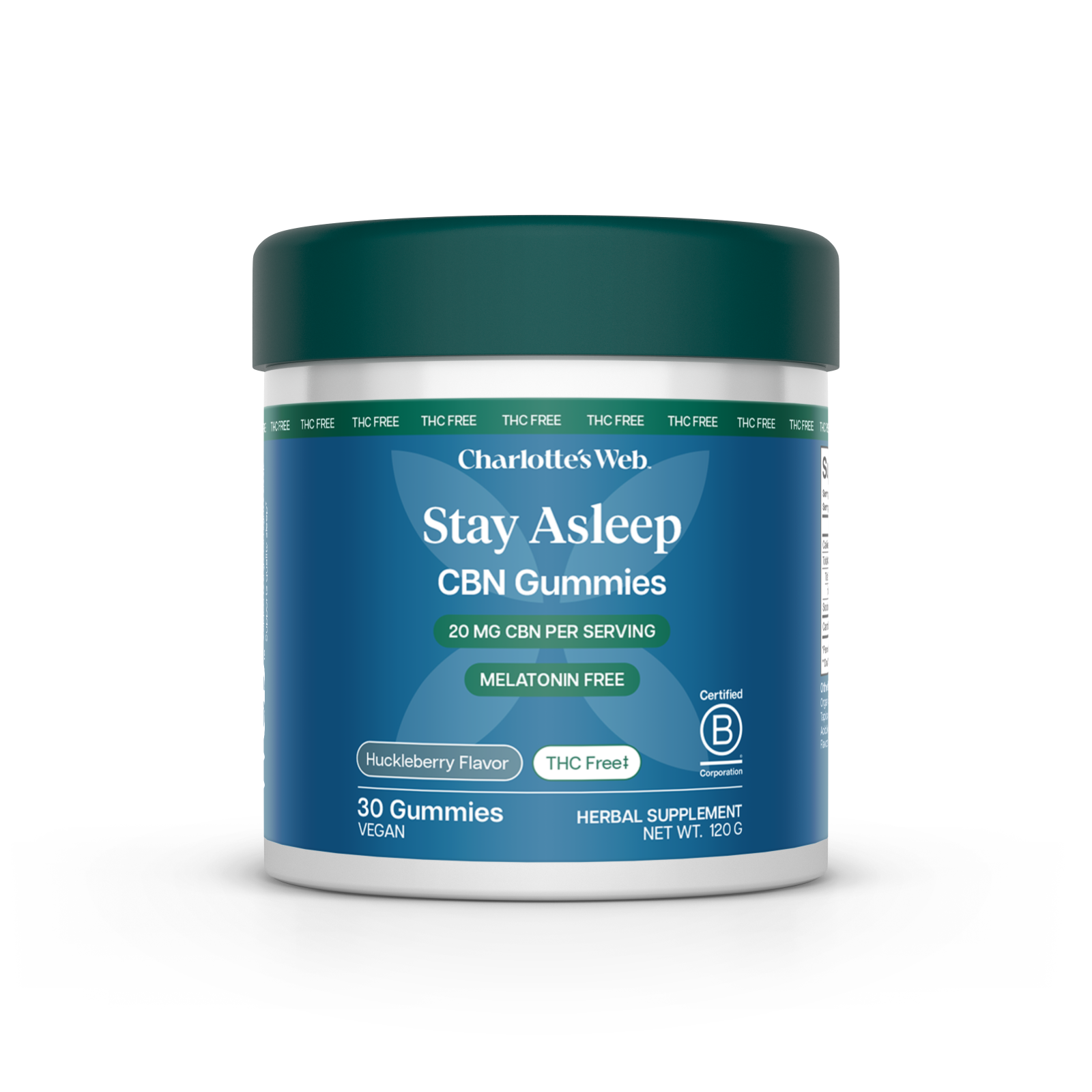 Product Image for Jar of Charlotte's Web Stay Asleep CBN Gummies on a white background