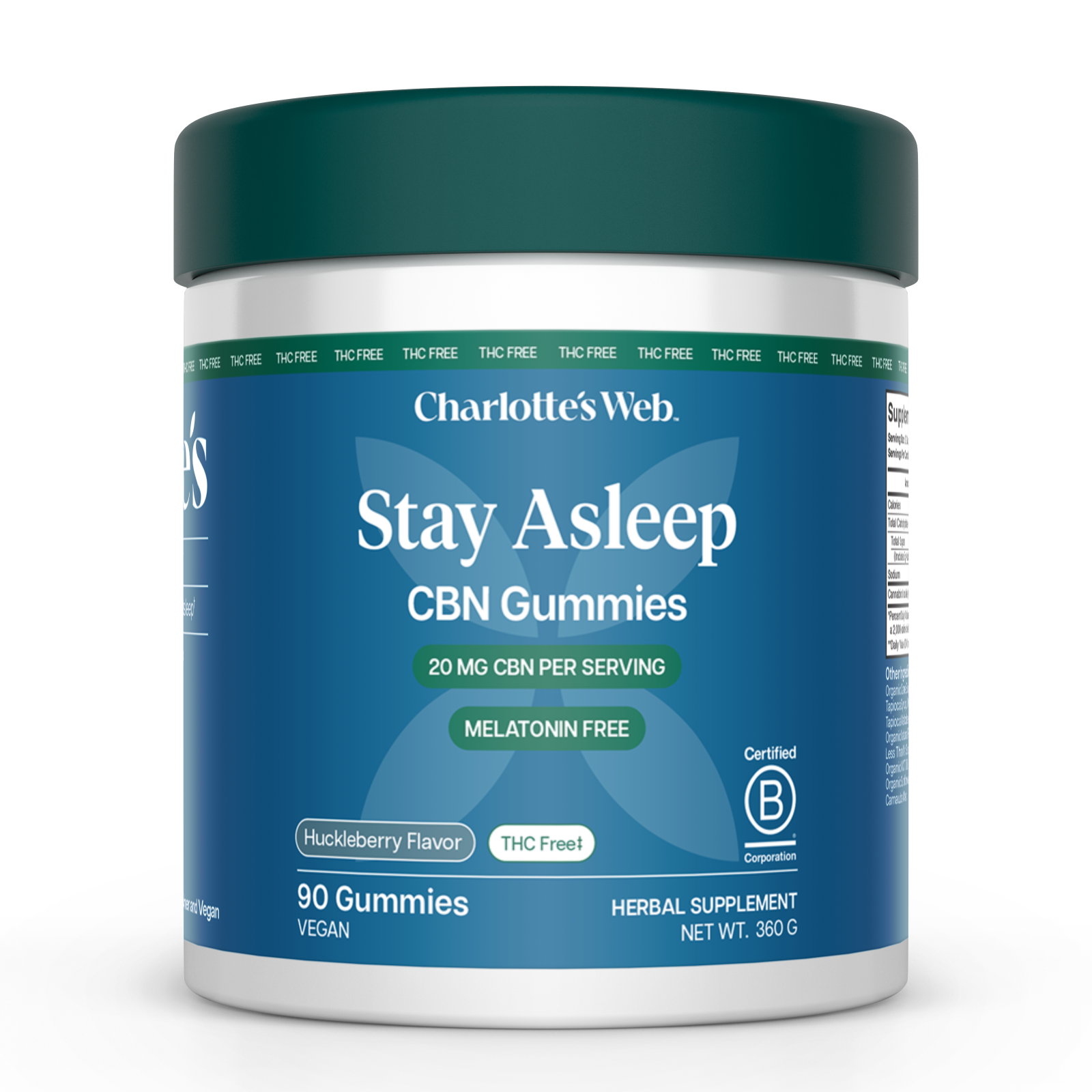 Product Image for Jar of Charlotte's Web Stay Asleep CBN Gummies on a white background