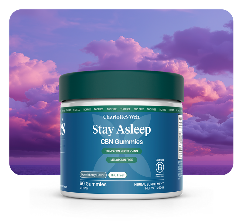 Jar of Charlotte's Web Stay Asleep CBN Gummies with a purple and pink cloud background