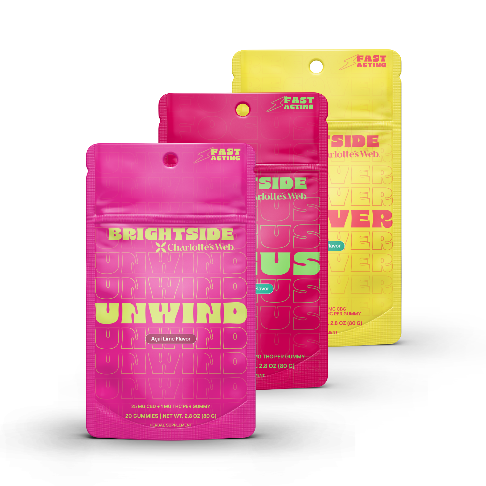 Product Image for Three Charlotte's Web product packages in pink and yellow on a white background