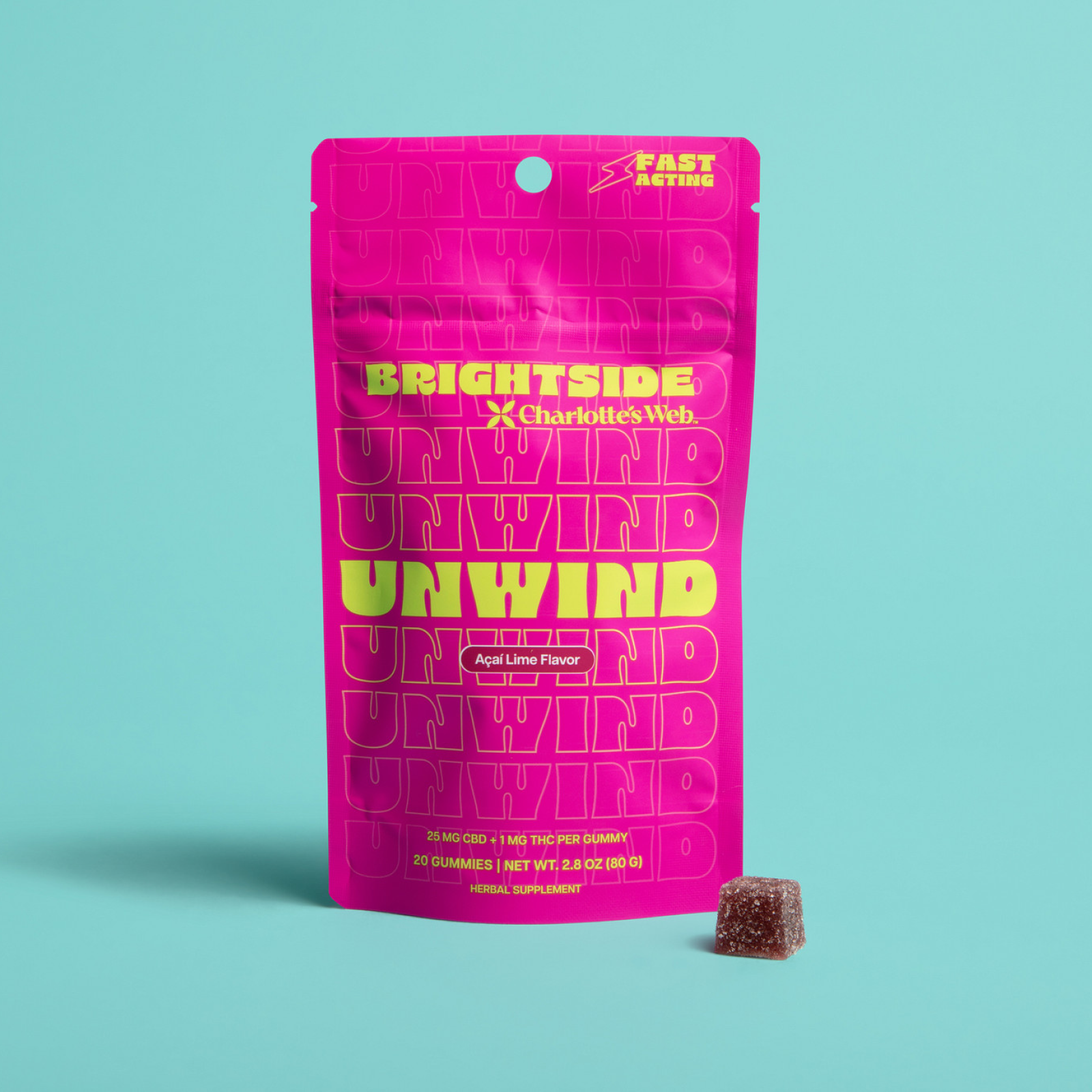 Product Image for Pink packaging of Brightside Unwind gummies by Charlotte's Web on a teal background