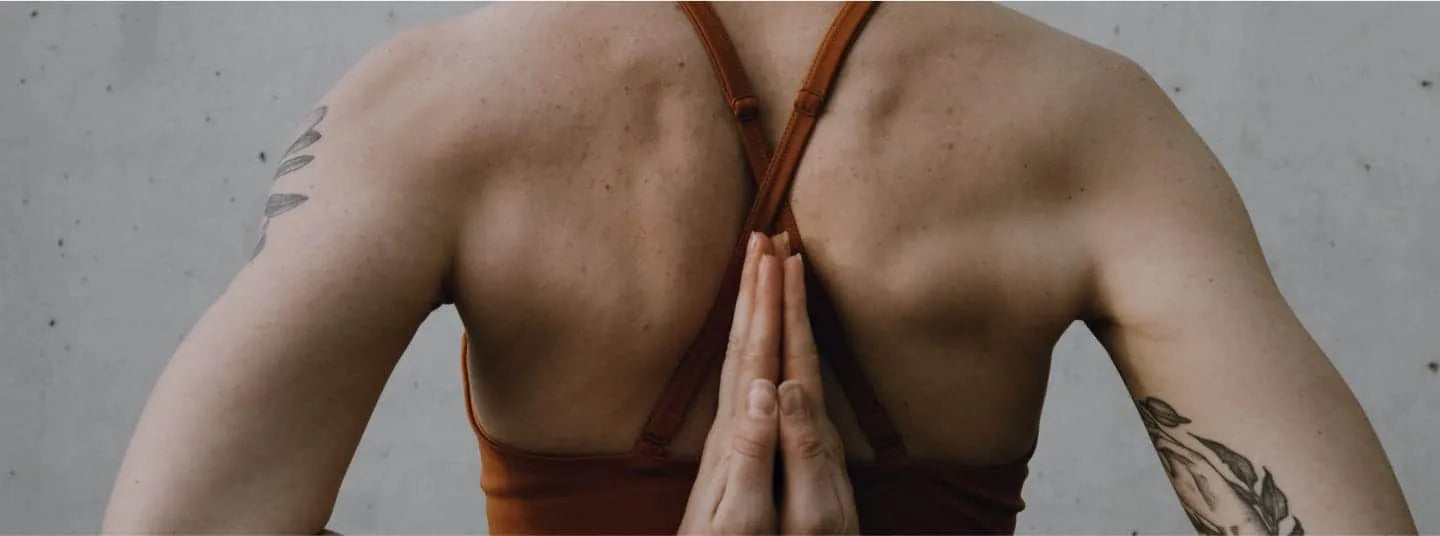 A person's muscular back with their hands reaching behind to they're palm to palm.