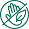 Green icon of a hand holding a leaf with a line through it on a white background