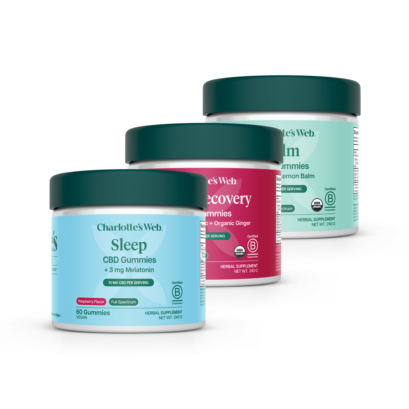 Three containers of Charlotte's Web supplements on a white background