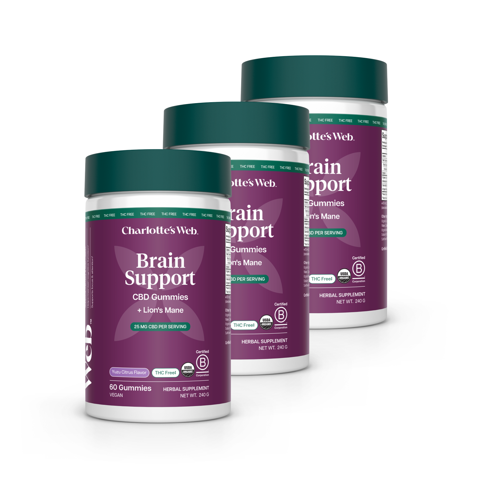 Three bottles of Charlotte's Web Brain Support gummies on a white background