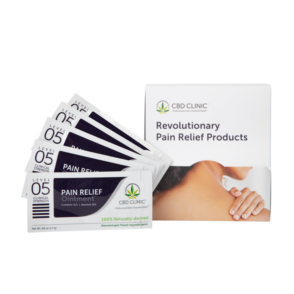 CBD Clinic pain relief ointment packaging with a person applying the ointment on their arm.
