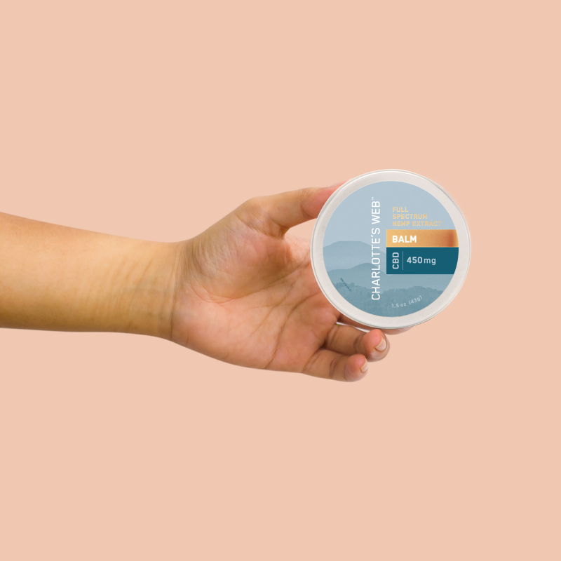 Hand holding a container of Charlotte's Web balm against a beige background