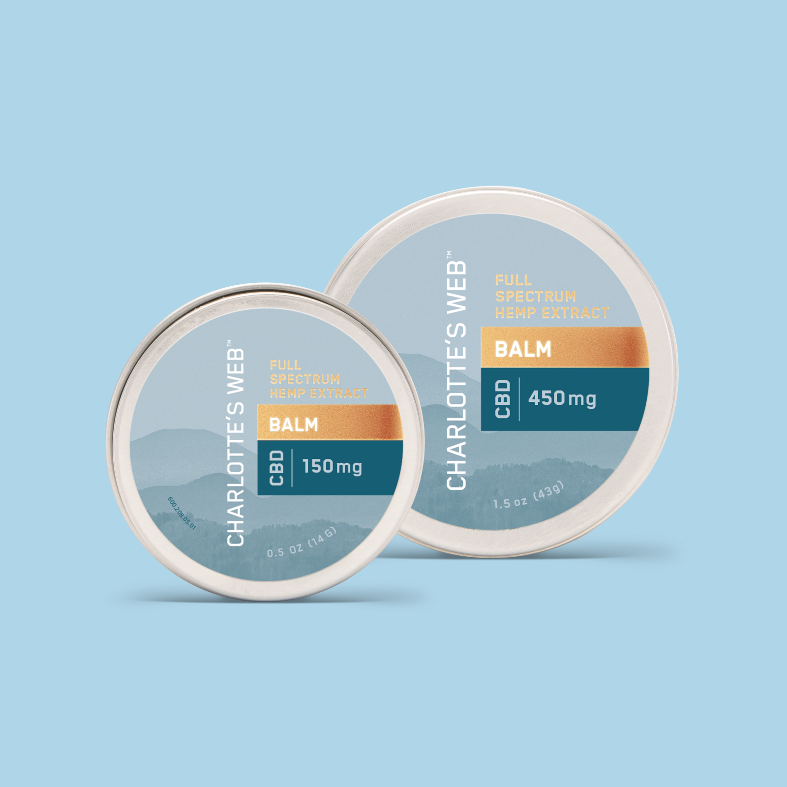 Product Image for Two containers of Charlotte&#39;s Web CBD balm on a light blue background