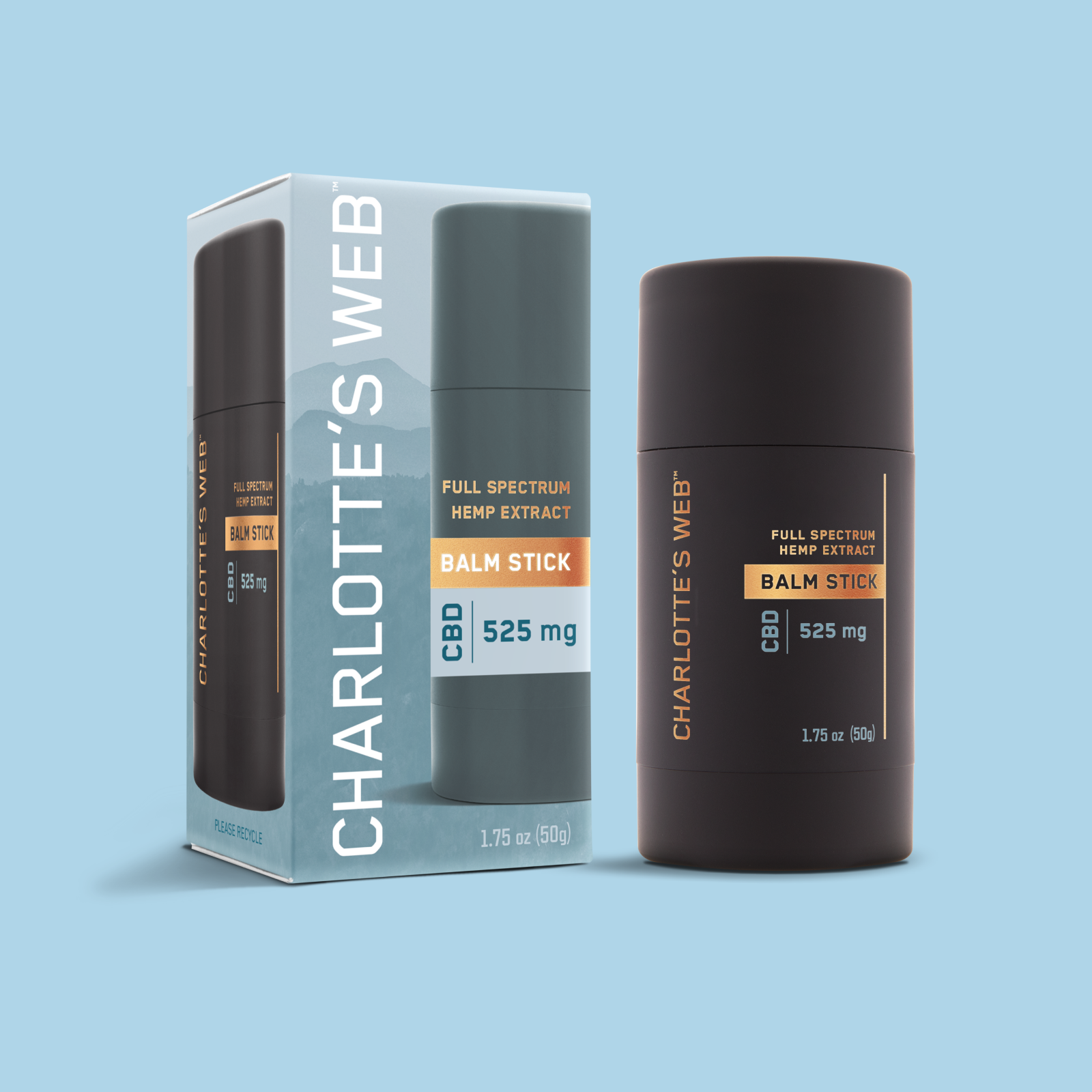Product Image for Charlotte&#39;s Web CBD balm stick packaging on a light blue background