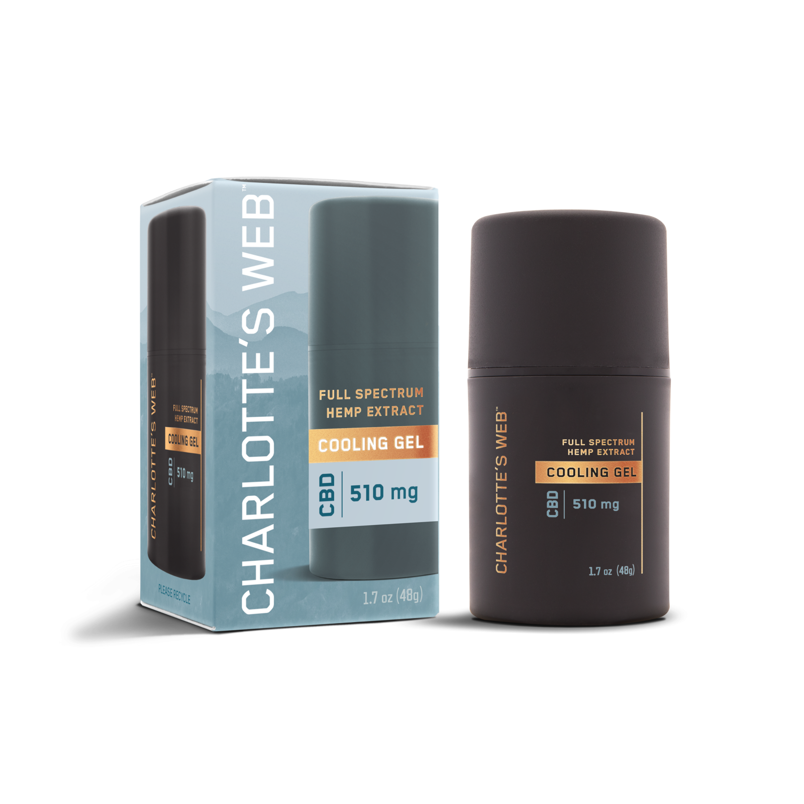 Charlotte's Web full spectrum hemp extract cooling gel with packaging on a white background