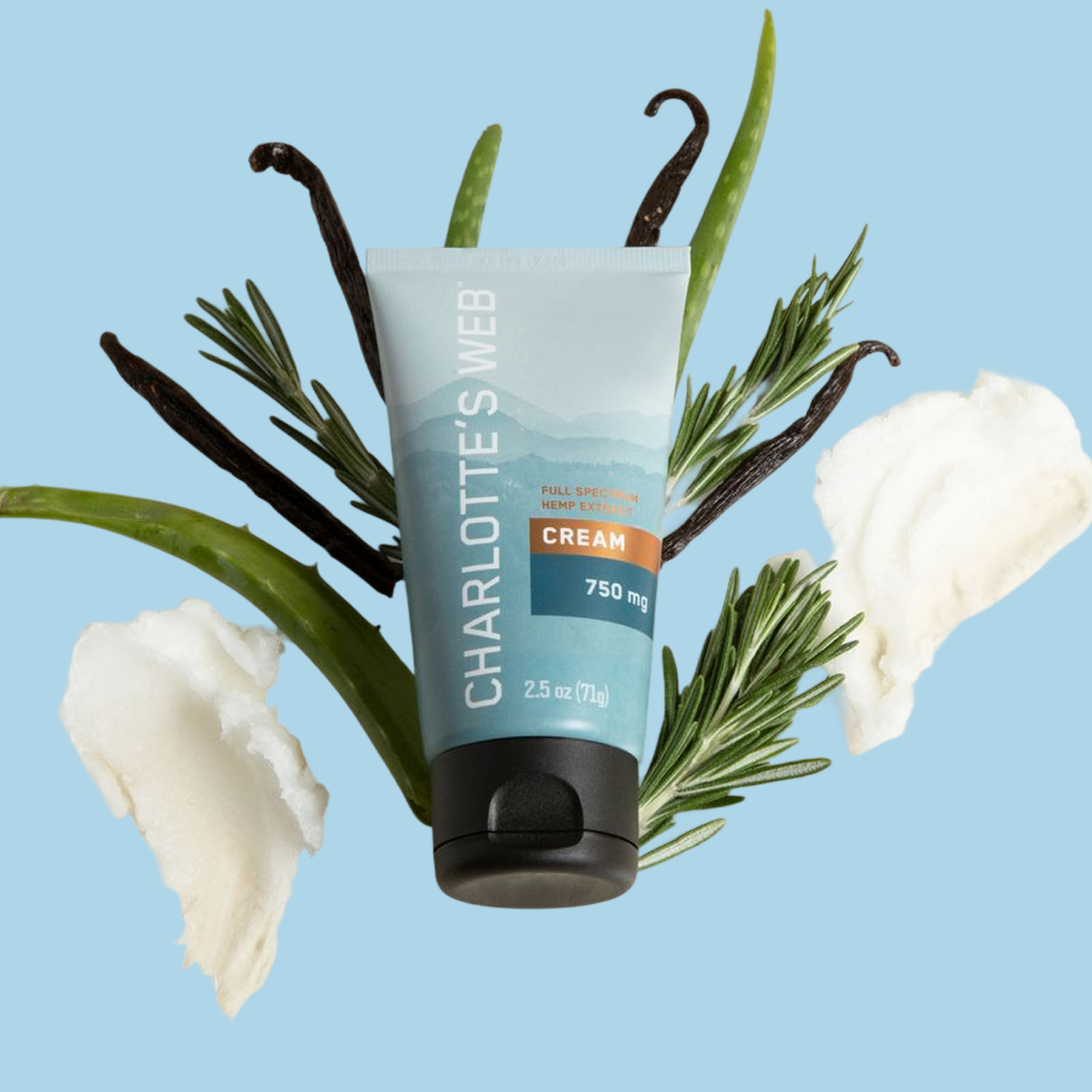Tube of Charlotte's Web cream aloe and rosemary on a light blue background