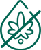 Green icon of a cannabis leaf with a line through it, inside a green droplet shape.