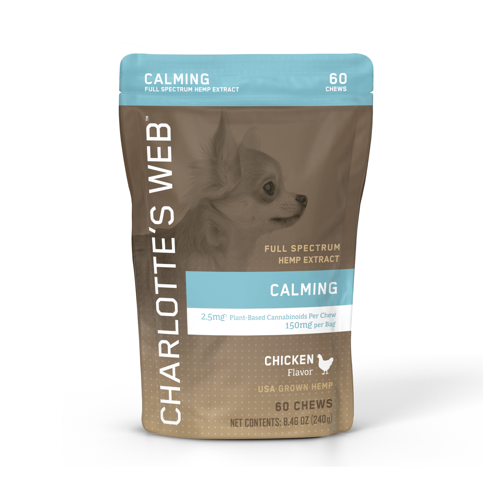 Bag of Charlotte's Web calming full spectrum hemp extract chews for pets on a white background
