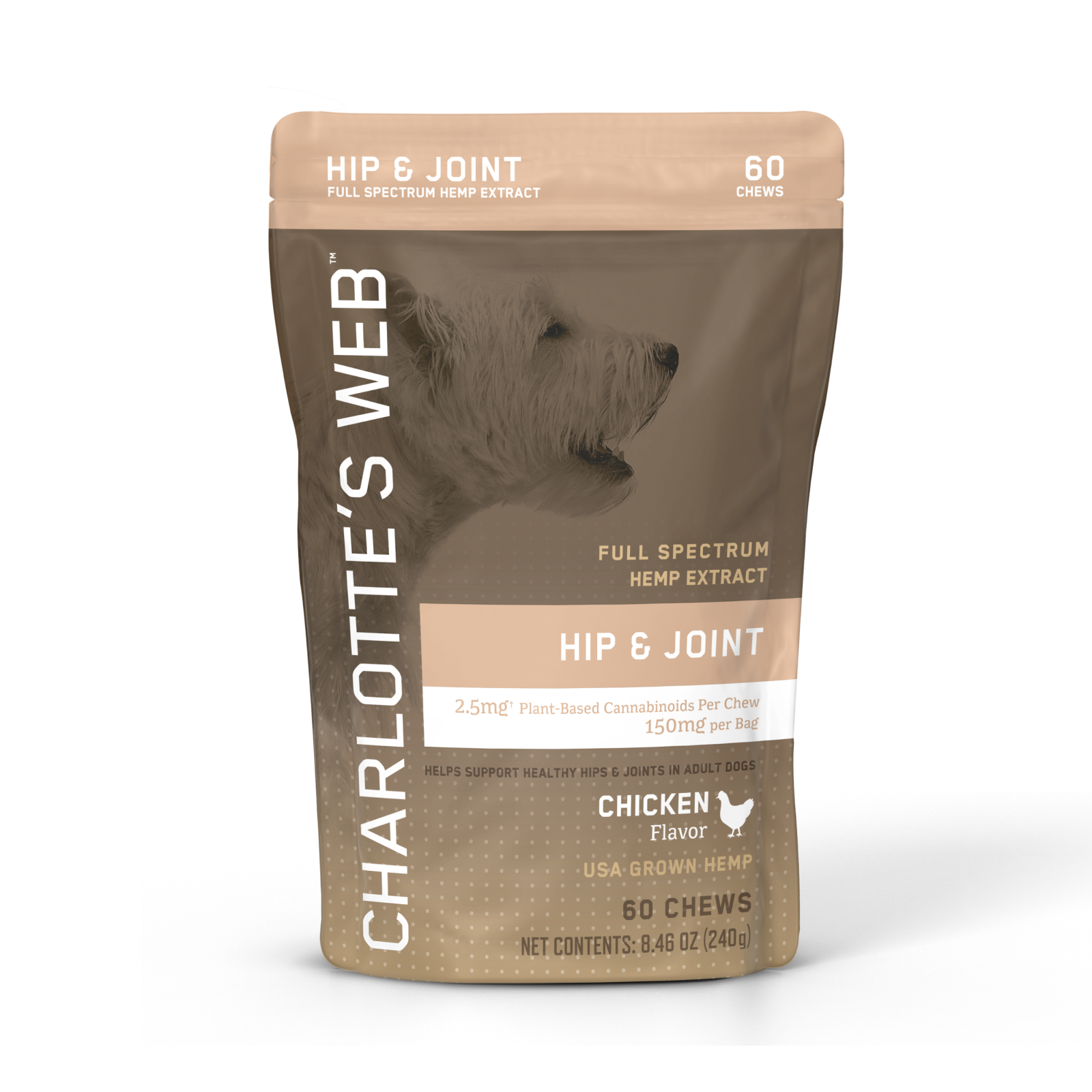 Bag of Charlotte's Web Hip & Joint Chews for dogs on a white background